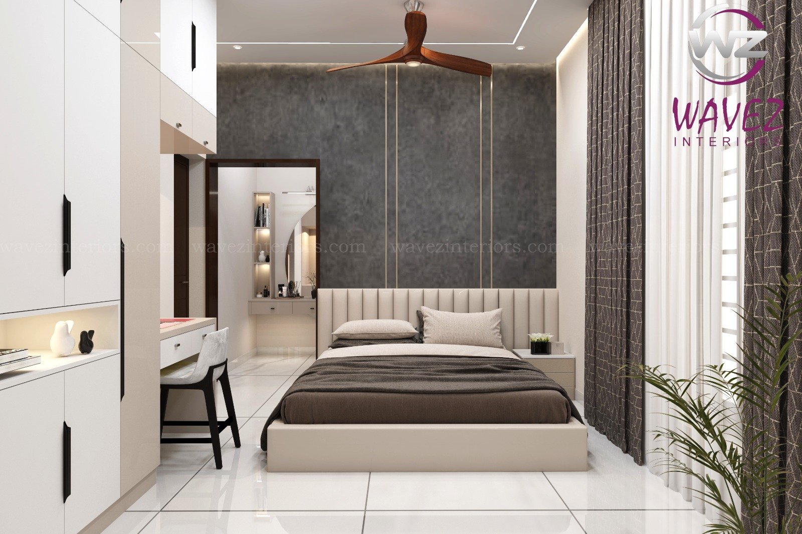 Modern and cozy bedroom interior design by Wavez Interiors Kerala