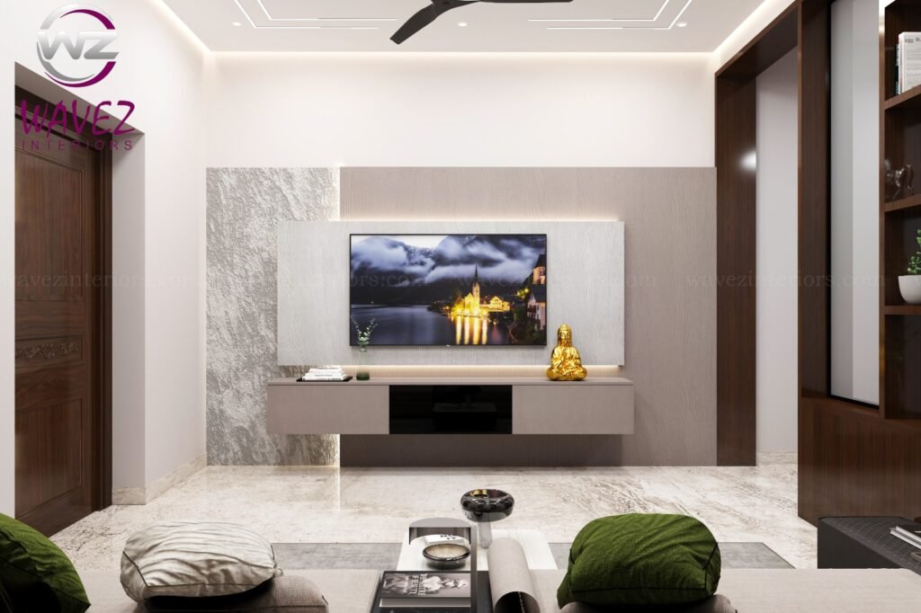 Modern living room interior designed by Wavez Interiors with stylish furniture, ambient lighting, and contemporary decor