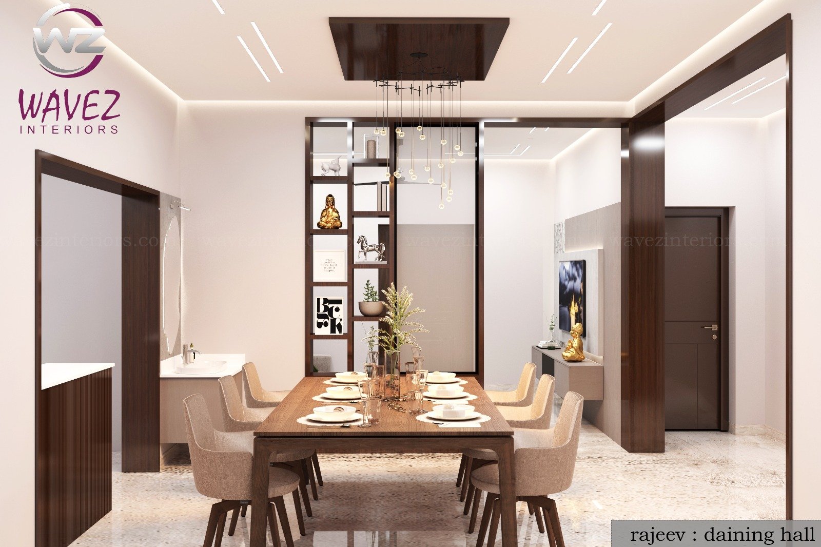 Modern dining area interior design by Wavez Interiors Kerala